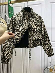 European And American Popular Women's Fashion Casual Street Style Leopard Print Pocket Zipper Stand Collar Short Jacket Coat Suitable For Spring Autumn Winter - Apricot - View 1