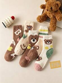 1/5 Pairs Cartoon Bear Coral Fleece Warm Mid-Calf Socks, Soft Half-Fleece Home Sleep Floor Socks, Multiple Colors Available - Multicolor - View 2