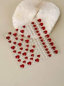 1pc Red Heart Mixed Pearl 3D Faux Rhinestone Face Decoration Stickers, Holiday Gift Music Festival Party Makeup Ball Hair Eye Face Body Decor - Multicolor - View 2