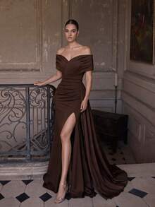 ADYCE Elegant One Shoulder Criss-Cross V-Neck Pleated High Waist Long Ribbon High Slit Backless Floor Length Ball Gown, Suitable For Party, Wedding, Autumn - Brown - View 3
