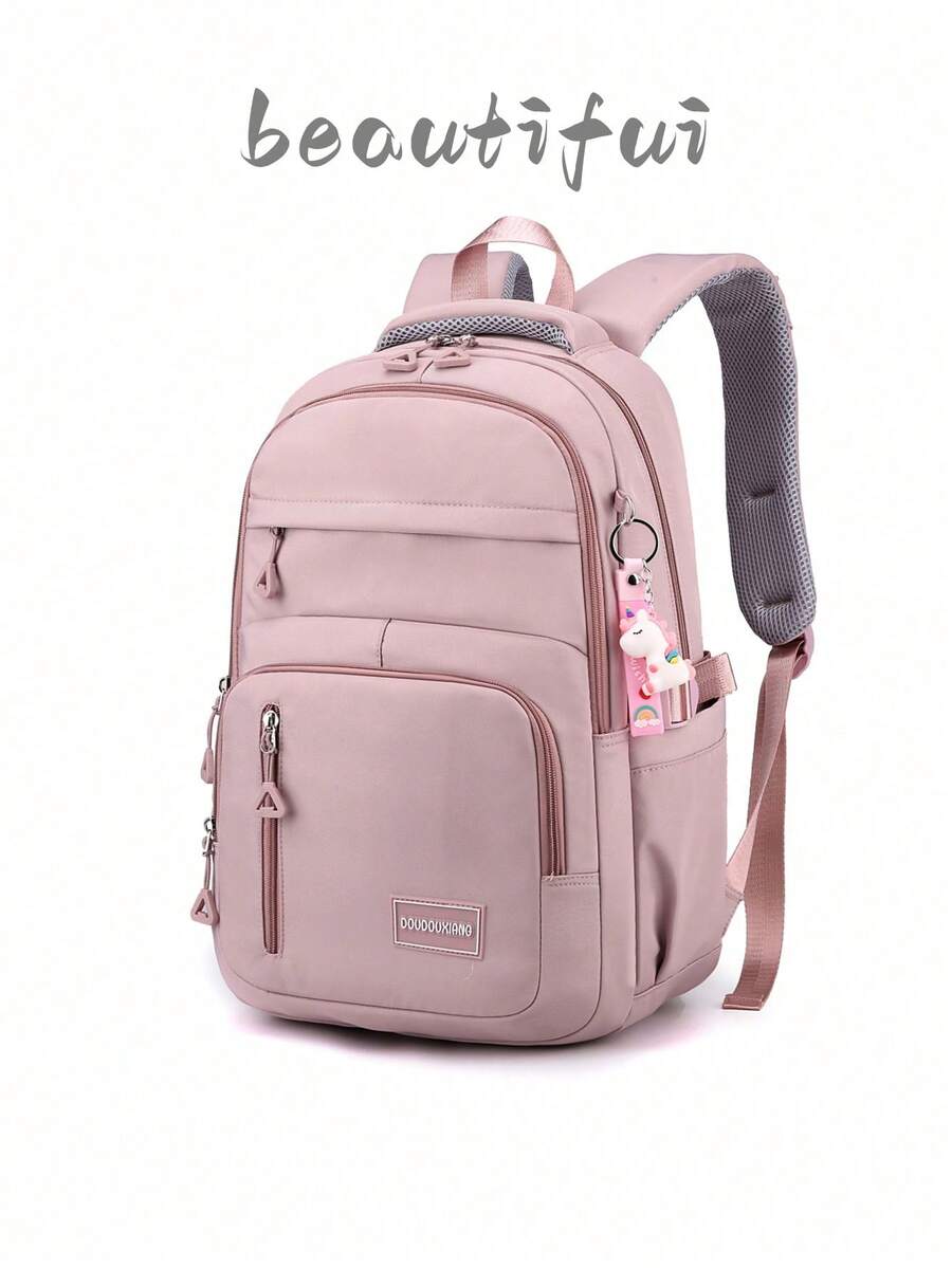 Solid Color Minimalist Aesthetic Women's Literary Backpack, Casual Versatile Large Capacity School Bag For Outings And Classes, INS Style - Pink - View 1