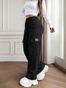 Women's Cargo Long Pants Spring Autumn Large Pockets Casual Sports Pants, Drawstring Waist, Multi-Pocket Design, Suitable For Outdoor Sports And Street Wear - Black - View 2