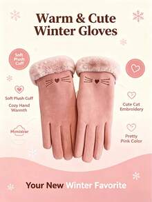 1 Pair Fashionable Women's Soft Suede Warm Gloves, Touchscreen Compatible, Cute Cat Pattern, Versatile Style, Fleece Lining, Faux Fur Cuffs, Practical And Stylish Gift Choice - A - View 3
