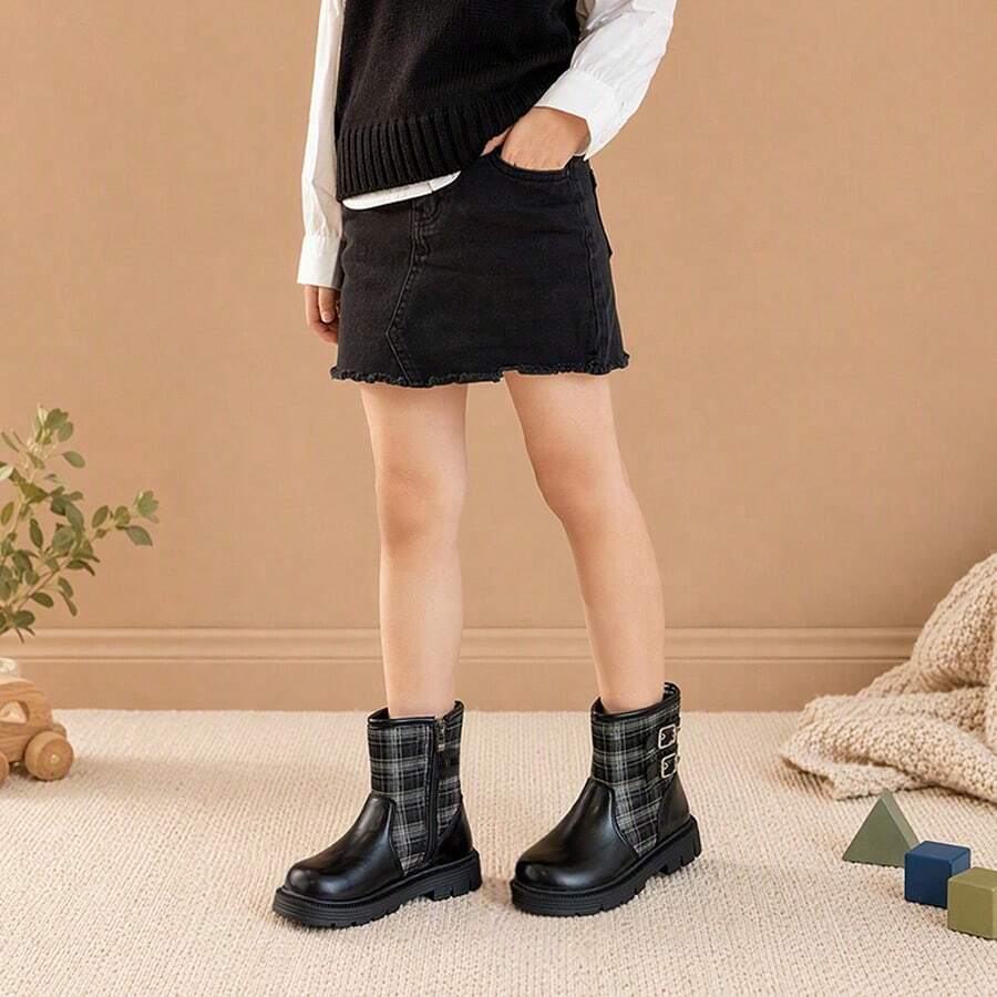 Girls' Academy Style Black Plaid Patchwork Double Buckle Decor Ankle Boots, Side Zipper Design, Children's Ankle Boots Suitable For Autumn/Winter Daily Wear - Black - View 1