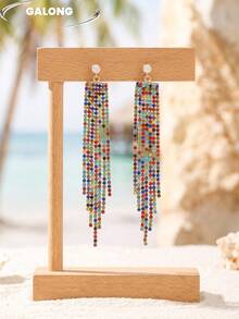 Luxury Full Rhinestone Long Tassel Earrings For Women, Rainbow Gradient Crystal Exaggerated Earrings, Shiny Earrings For Evening Party - Colorful Gold - View 3