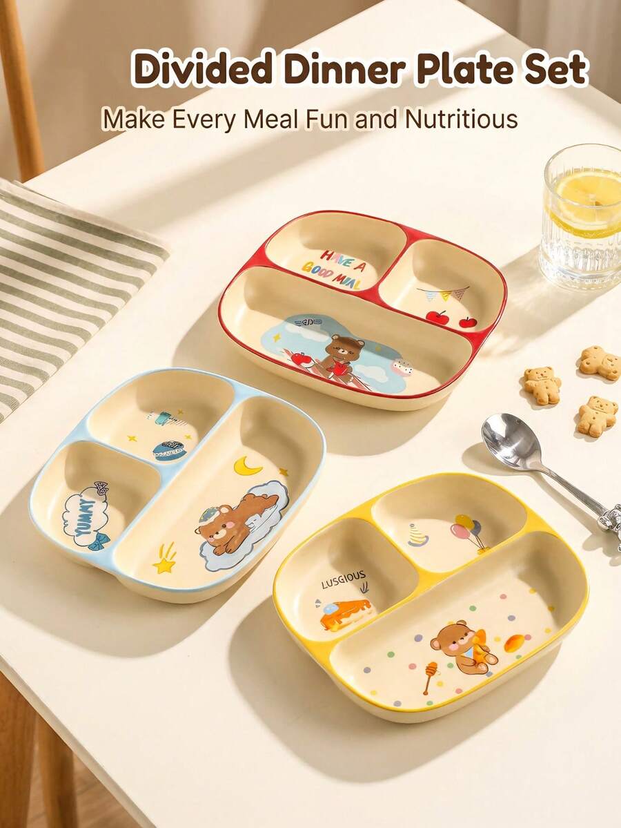 Cute Bear Print 3-Compartment Ceramic Plate, Divided Serving Tray, Daily Breakfast Portion Control Plate - Multicolor - View 1