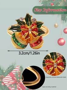1-12pcs Red & Green Enamel Rhinestone Double Bell Napkin Rings, Vintage Luxurious Alloy Gold-Plated Bow & Holly Leaf Napkin Holders, Christmas Table Party Decor - Multicolor - View 3