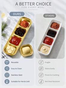 1pc Golden Multi-Grid Staiess Steel Sauce Dish, Srving Plate, Slt Vinegar Sugr Condiment Dipping Bowl - Gold - View 6