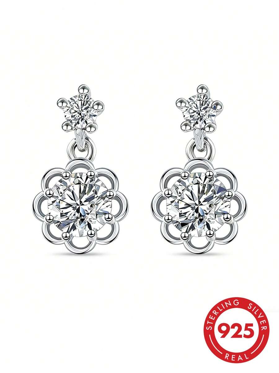 BRLINEY Pendientes de flor de plata de ley 925, pendientes colgantes de flor de circonita cúbica brillante, elegantes pendientes de novia para boda, regalo de uso diario para mujeres - Plateado - Ver 1