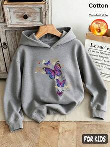 Autumn/Winter 3 Pieces Set Girls Hooded Fleece Sweatshirt Butterfly Print Heart Decor Long Sleeve Y2K Style - Heather Gray+Heather Gray+Heather Gray - View 4