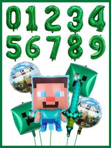 MASSDI Paket Balon Pesta Gaming, Balon Aluminium Bentuk Kubus Creeper Gaya Blok, Balon Foil Figur Steve dan Pedang Piksel, Balon Grafis Dunia Bundar, Balon Lateks Premium untuk Meja Kue dan Perayaan Dalam Ruangan - balon - View 5