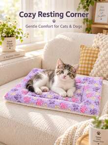 1pc Soft Coral Fleece Paw Print Pet Bed Mat, Cozy Warm Pet Sleeping Cushion For Puppy Kitten, Multiple Colors Available - Rectangle - View 5