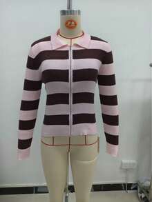 MORI Women's Y2K Pink Chocolate Striped Full Zip Lapel Long Sleeve Slim Fit Ribbed Knit Cropped Cardigan Sweater Top Set, Autumn/Winter Fall - Pink and Brown - View 1