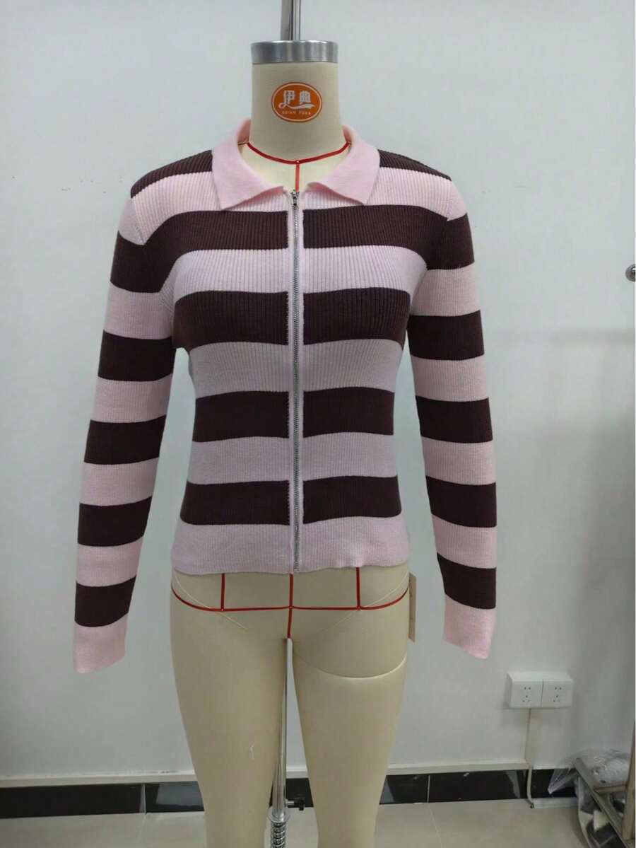 MORI Women's Y2K Pink Chocolate Striped Full Zip Lapel Long Sleeve Slim Fit Ribbed Knit Cropped Cardigan Sweater Top Set, Autumn/Winter Fall - Pink and Brown - View 1