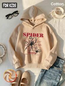 هودي صوف للبنات للخريف والشتاء مع شبكة عنكبوت حمراء وعنكبوت أسود ونص SPIDER AMAZING وطباعة صغيرة Y2K - لون مشمشي - مشاهدة 2