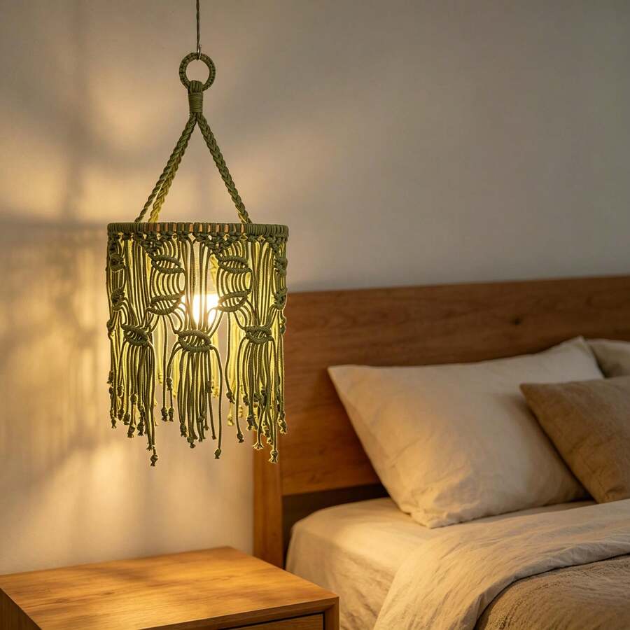 1 buah Kap Lampu Makrame Gaya Bohemian, Kap Lampu Gantung Dekorasi, Kap Lampu Gantung Anyaman Daun Hijau Buatan Tangan dengan Rumbai - Lampu Tidak Termasuk - Seperti yang ditunjukkan pada gambar - View 1