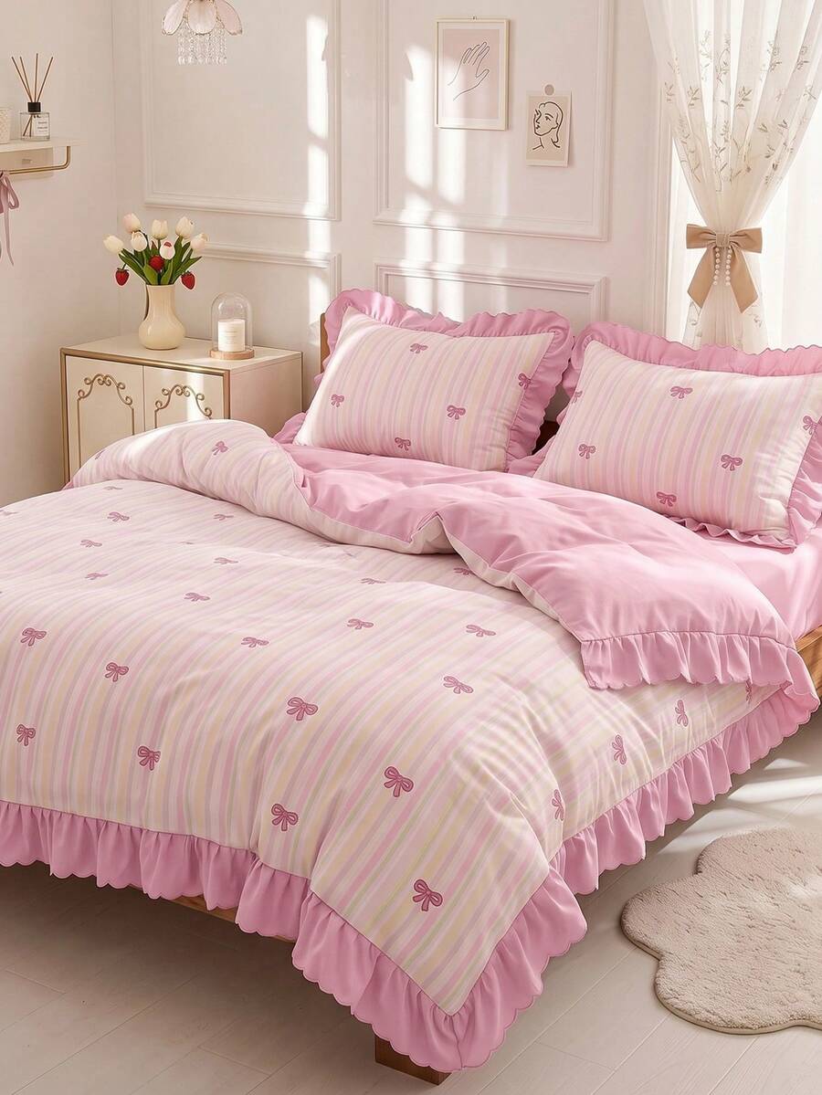 Set Sarung Selimut Ruffle 2/3 pcs, Perlengkapan Tempat Tidur Asrama, Set Perlengkapan Tempat Tidur Bergaris dengan Pita, Dekorasi Kamar Nyaman, Ramah Kulit dan Bernapas, Sangat Lembut dan Anti-Pilling, Tanpa Isian Selimut, Cocok untuk Tempat Tidur Ukuran Single/Double/Queen/King, Sepanjang Musim, Dapat Dicuci dengan Mesin, Kembali ke Sekolah