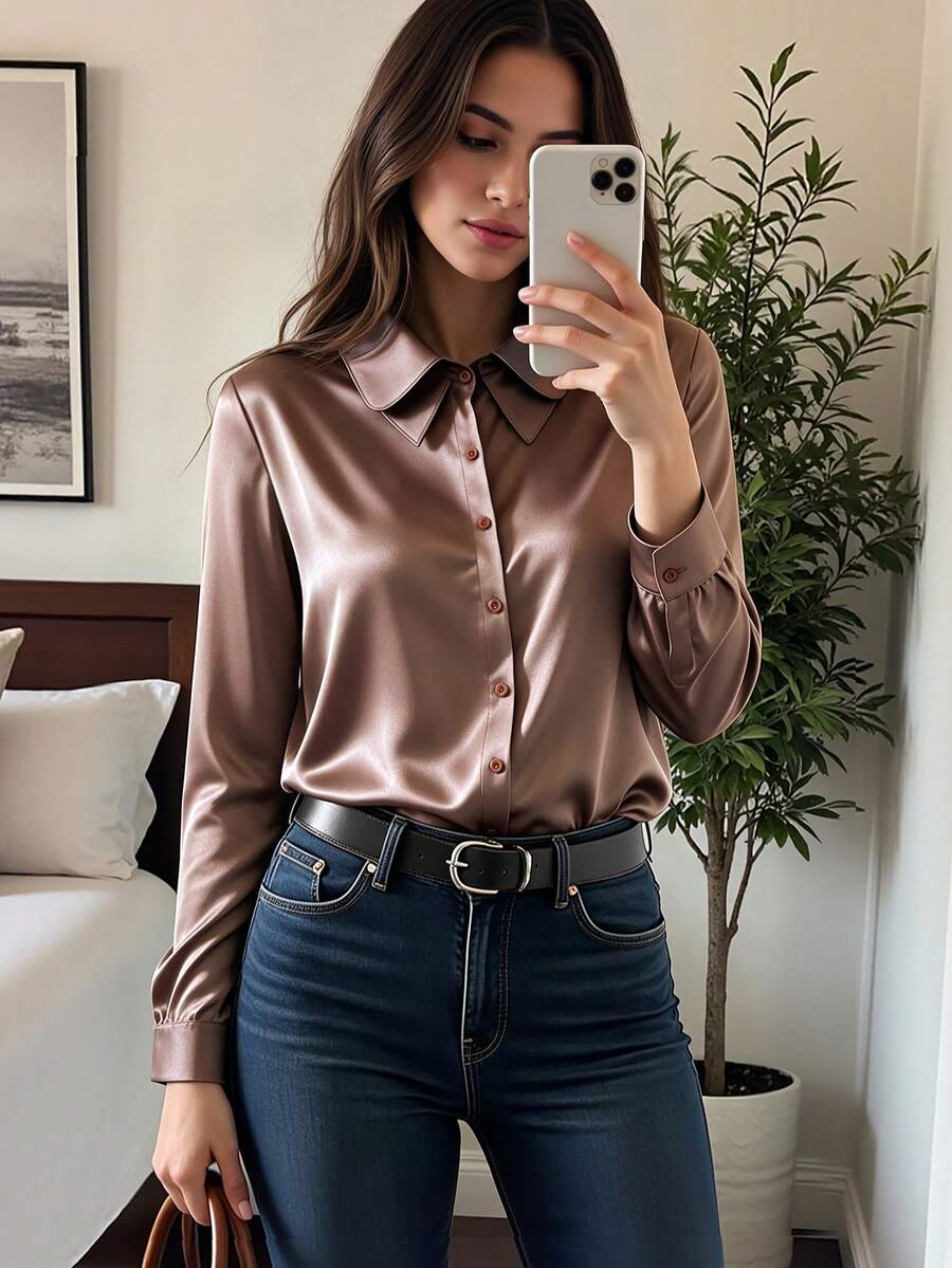 Women's Casual Vacation Daily Commute Office Solid Color Double Collar Business Shirt Blouse - Chocolate Brown - View 1