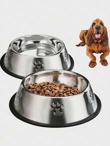 1PC Carbon Steel Pet Bowl, Non-Slip Dog Food & Water Bowl, Paw Print Design, Durable & Easy To Clean, Suitable For Small, Medium And Large Dogs & Cats - 300ml - View 2