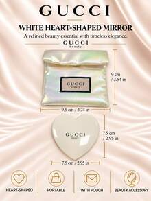 Cermin rias berbentuk hati berwarna putih merek Gucci, ukuran 7,5 cm, satu buah, cermin bening, ringkas dan portabel, dilengkapi dengan tas penyimpanan, cocok untuk bepergian dan merias wajah sehari-hari. - Putih - View 4