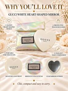 Cermin rias berbentuk hati berwarna putih merek Gucci, ukuran 7,5 cm, satu buah, cermin bening, ringkas dan portabel, dilengkapi dengan tas penyimpanan, cocok untuk bepergian dan merias wajah sehari-hari. - Putih - View 5