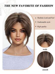 Brown Blonde Highlight Short Layered Pixie Wig For Women, 8 Inch Natural Looking Bob Wig With Side Bangs, Synthetic Heat Resistant Wig For Daily Wear Office Dating, Elegant And Tasteful - Brown - View 6