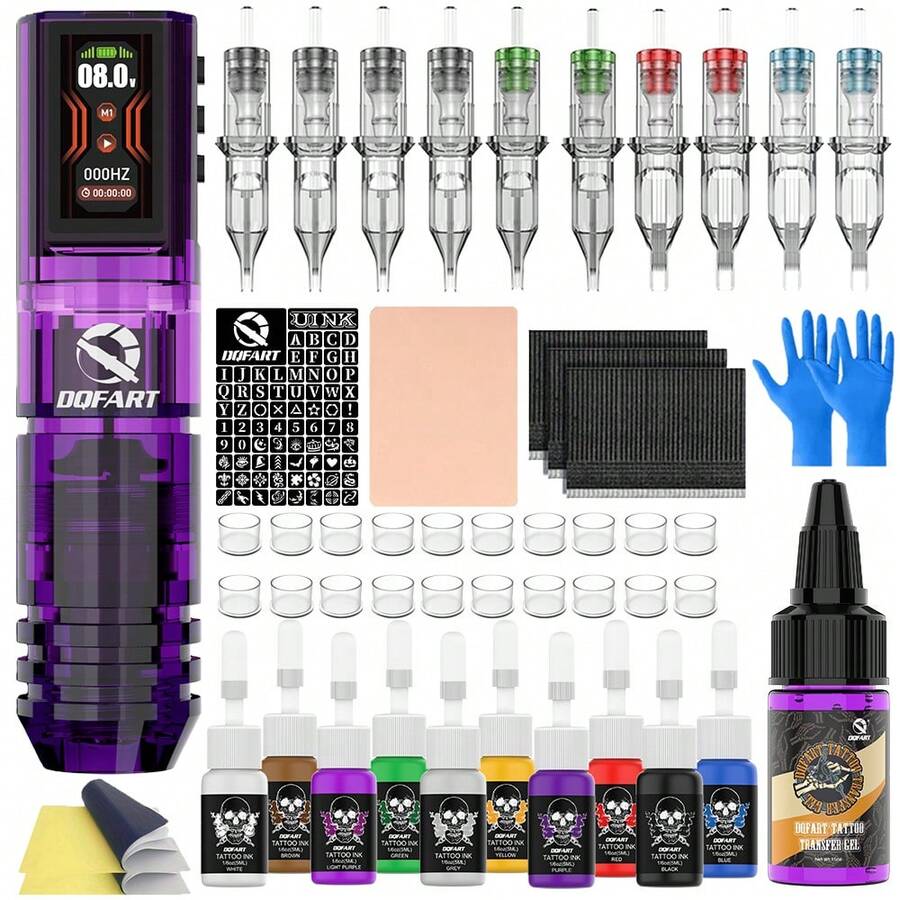 Complete Wireless Tattoo Machine Set, 1400mAh Battery, Equipped With LED Digital Display, Multiple Tattoo Needles To Meet Different Creative Needs, Paired With Black & White And Colored Tattoo Ink, Practice Skin, Ink Cups And Transfer Supplies. Suitable For Beginners And Tattoo Studios. - Purple - View 1