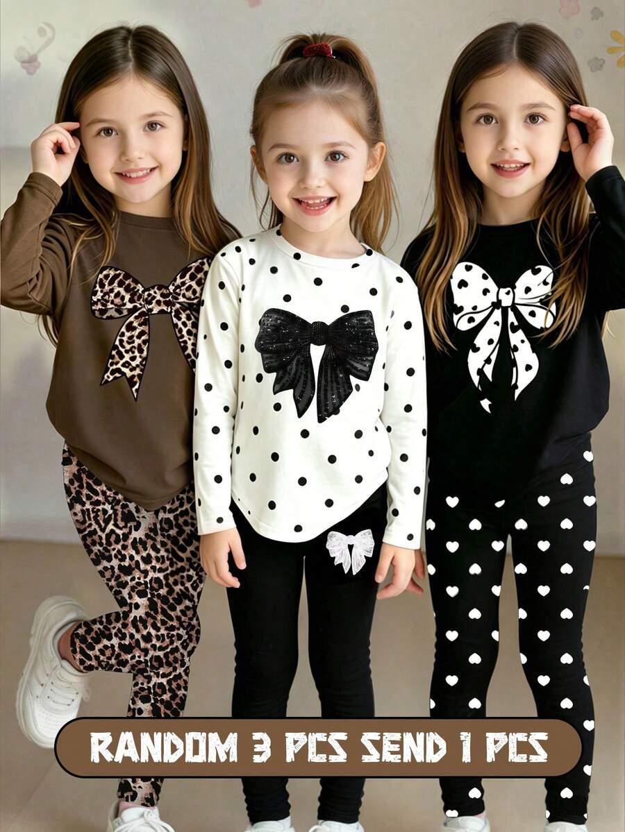 Random 6pcs/Set Girls Casual Fashion Cute Bow, Polka Dot, Heart, Leopard Print Long Sleeve And Tight Fit Set, School, Back To School Comfortable Daily Wear - Multicolor - View 1