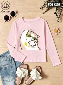 Girls Cotton Raglan Long Sleeve T-Shirt, Autumn Winter, Cool Cat Print, Round Neck, Soft Fabric For Daily Wear, Cute Sweet Girly Preppy Style - Baby Pink - View 1