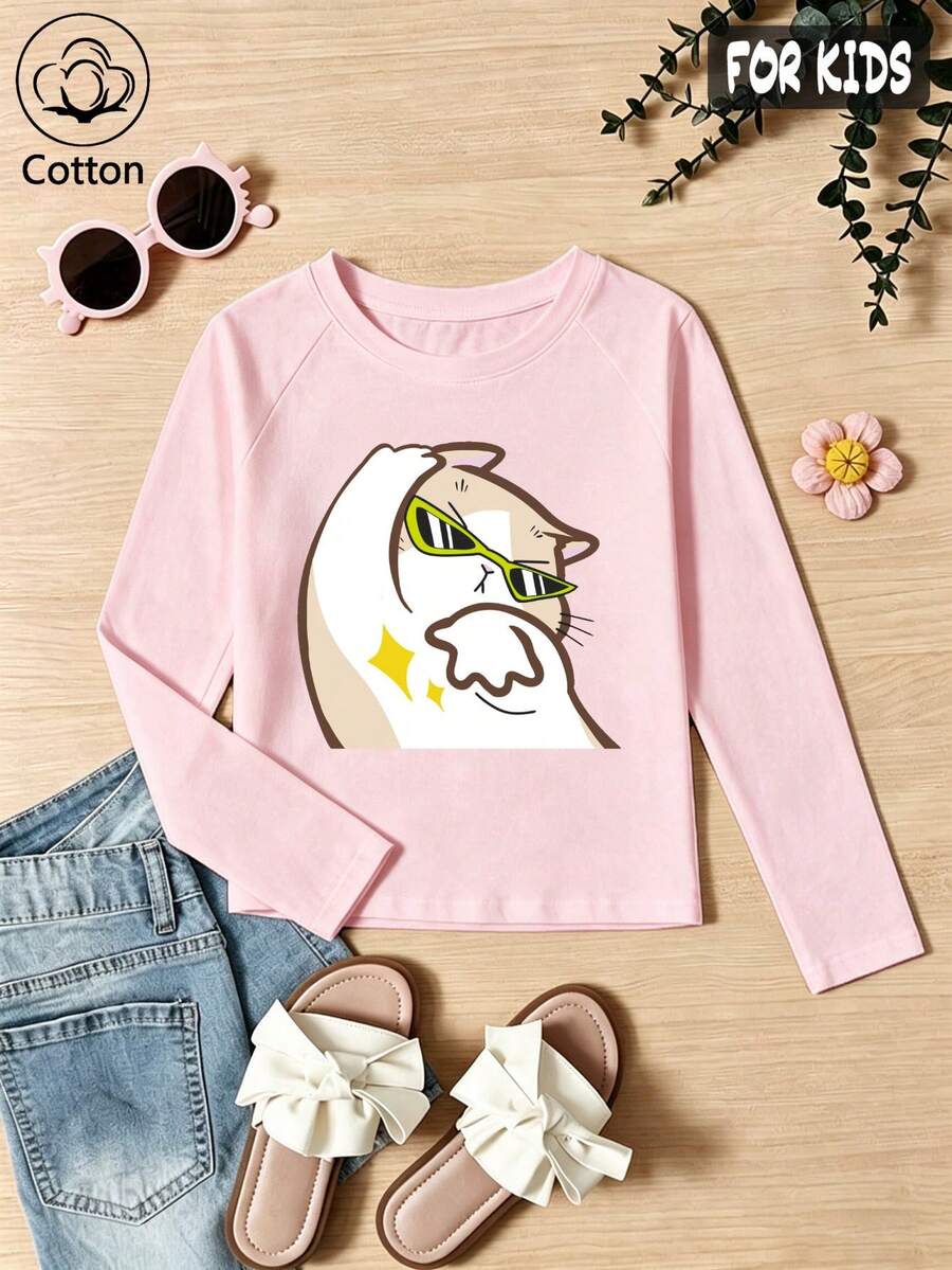 Girls Cotton Raglan Long Sleeve T-Shirt, Autumn Winter, Cool Cat Print, Round Neck, Soft Fabric For Daily Wear, Cute Sweet Girly Preppy Style - Baby Pink - View 1