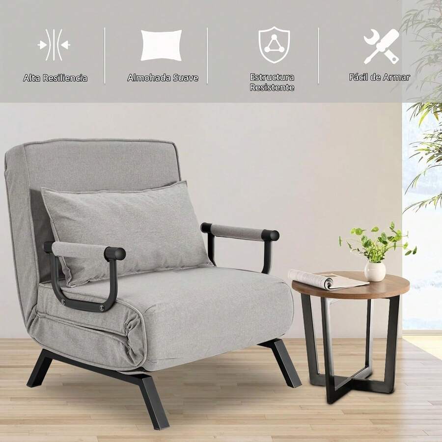 Silla de Cama Convertible, Sofá Plegable de Ocio con Respaldo Ajustable de 6 Ángulos, Cama Individual para Departamento u Oficina - Gris Claro - Ver 1