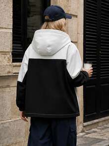 Women's Fashion Colorblock Woven Jacket, Long Sleeve, Regular Length, Hooded, Perfect Choice For Urban Casual Wear - White - View 2
