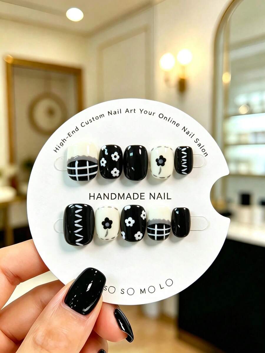 10pcs Handmade Press-On Nails, Short Square-Round Korean Minimalist Style, Black & White Contrast Base With Hand-Painted Plaid, Small White Flowers And Simple Lines, Playful Vibe, Suitable For Daily, Commute And Outing, Includes Full Set Of Nail Tools, Exclusive Gift For Girls - Black and White - View 1