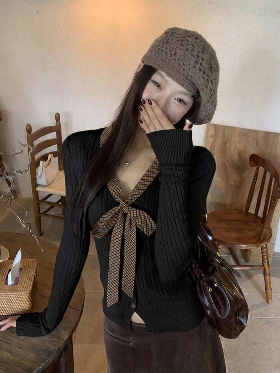 Women's Lazy Plaid Tie V-Neck Cable Knit Sweater, Faux Buttons, Autumn/Winter Knit Base Layer Top - Black - View 1