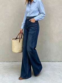 Women's Elegant Dark Wash Straight Leg Jeans, Mid-Waist Button Detail Denim Pants, Mid-Stretch, Suitable For Casual Or Business Wear - Royal Blue - View 3