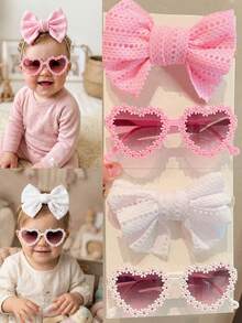 2/4pcs New Cute Solid Color Bowknot Headband Flower Heart Children Fashion Fashion Glasses Sun Protection Eye Protection Glasses For Baby Boys And Girls - Sunglasses+Headband - View 2