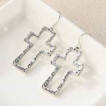 Vintage English Letter Pattern Cross Hollow Pendant Earrings, Handmade Women's Accessories, Suitable For Parties And Gatherings - Silver - View 4
