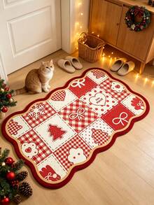 1pc Christmas Red & White Patchwork Shaped Doormat, Welcome Mat, Christmas Tree Bow Heart Plaid Carpet, Rug, Christmas Rug, Bedroom Carpet, Area Rug - Multicolor - View 2