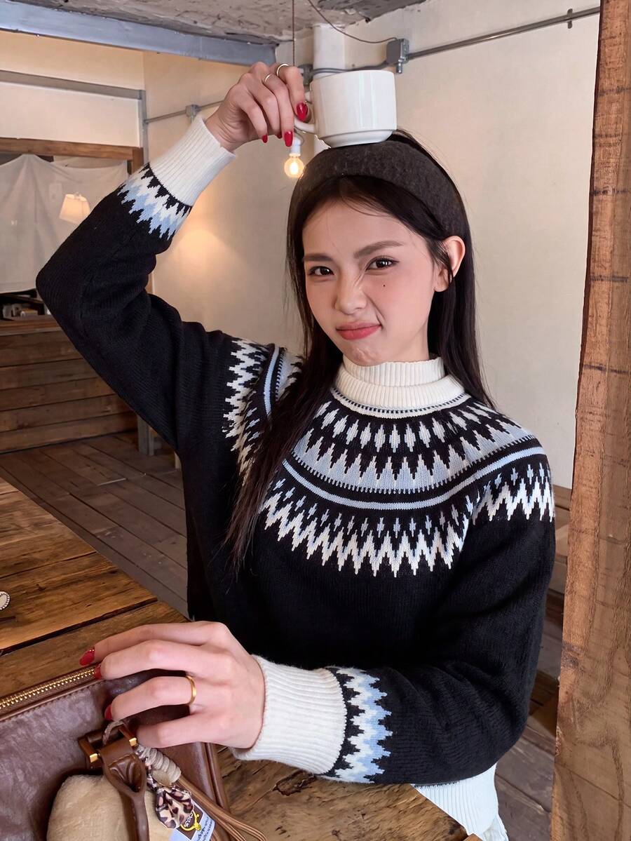 Fair Isle Black Loose Knit Sweater, Autumn/Winter Women's Korean Vintage Slouchy Stand Collar Slimming Pullover Top, Christmas Outfit - Black - View 1