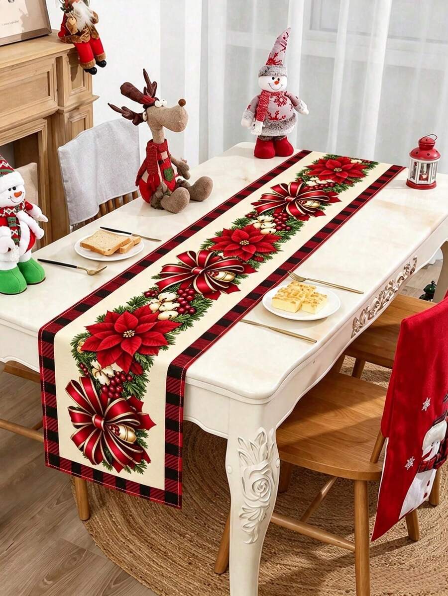 1件裝聖誕桌巾，聖誕蝴蝶結與花卉圖案桌布，聖誕桌巾，聖誕快樂桌布，聖誕裝飾，聖誕派對用品，房間裝飾，餐桌裝飾，居家裝飾，廚房裝飾，2026聖誕居家裝飾，聖誕飾品，聖誕裝飾，聖誕裝飾，新年裝飾