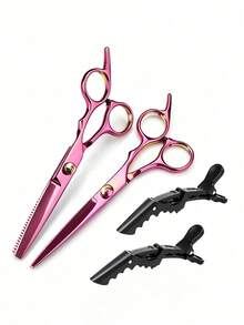 4pcs/Set Professional Hair Cutting Scissors Set - 4pcs Colorful Hair Clips + Professional Hair Shears Set, Salon Use Hairdressing Scissors, Flat Shears For Bangs, Thinning Scissors For Textured Hair, Multi-Functional Hair Styling Crocodile Clips For Hairstylists - Multicolor - View 13