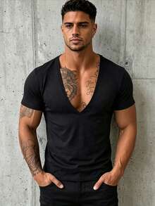 ZYNTH BALENO Men's Summer Fashion V-Neck Short Sleeve T-Shirt, Suitable For Outdoor Sports, Gym Workouts - Black - View 1