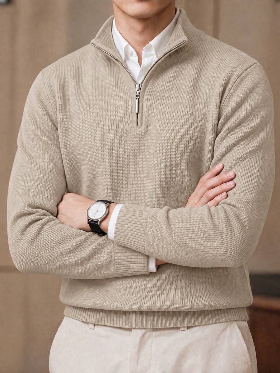 Men's Zipper Vertical Ribbed Knit Sweater, Stand Collar Long Sleeve Suitable For Office And Daily Wear Fashion Casual