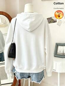 Women's Pure Cotton Hoodie, Autumn/Winter Warm Lining Long Sleeve Loose Fit, Floral Butterfly Print, Drawstring Design - White - View 2