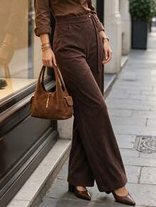 Fall Coffee High Waist Drawstring Wide Leg Pants For Women, Draped Loose Straight Casual Trousers, Vintage Elegant Office Long Pants With Pockets - Brown - View 8