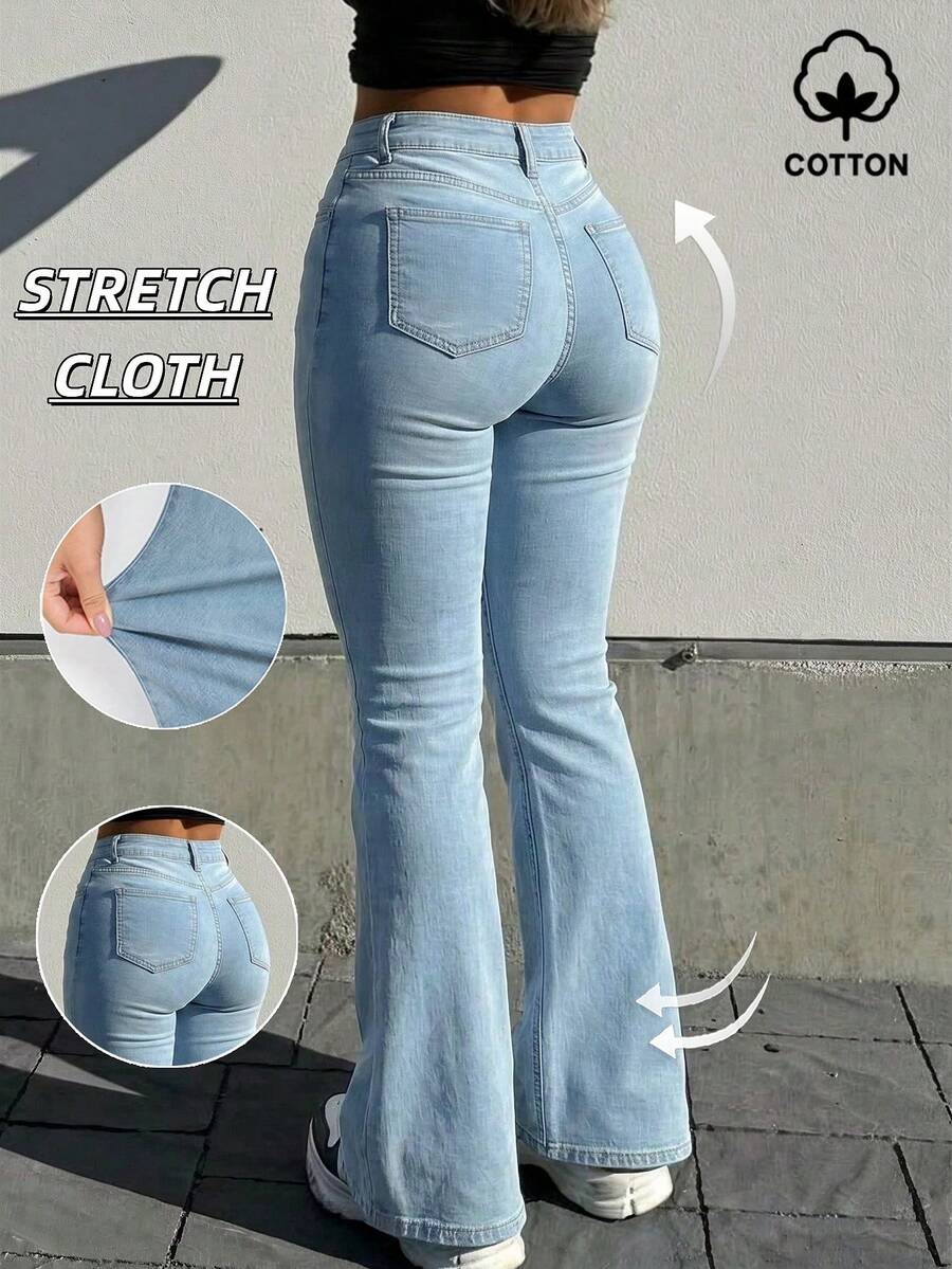 MYOURSA Celana Jeans Model Flare Pinggang Tinggi, Siluet Boot-Cut, Pakaian Kasual Elegan untuk Sehari-hari, Biru Muda untuk Wanita Musim Semi dan Gugur - Light Wash - View 1