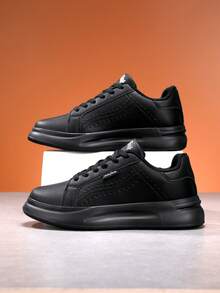 Men's All Black Thick Sole Skateboard Shoes, Pure Black Minimalist Style, Breathable Synthetic Leather Upper With Non-Slip Thick Sole, Suitable For Daily Wear And Street Style - Black - View 8