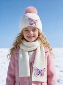 2pcs/Set Girls Sequin Bowknot Autumn Winter Kids Hat Scarf Set, 2-Piece Hat Set, Knit Beanie Scarf Set, Autumn Winter Warm 2-Piece Set, Kids Winter Accessory Set - 2pcs - View 3