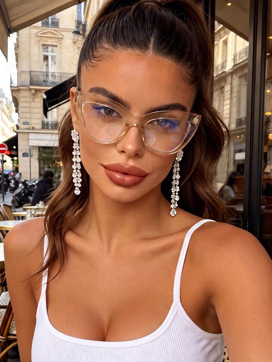 1 Pair Women's Cat Eye Champagne Color Non-Prescription Glasses, Suitable For Back To School, Daily Life, Office And Other Occasions, Fits All Face Shapes - Champagne Flat - View 1