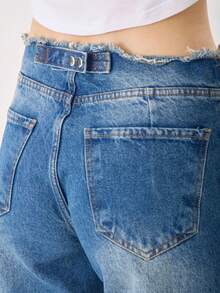 Damns moderna högmidjade jeans med fransdetaljer - Marinblå - Visa 5